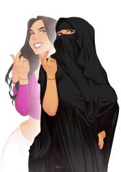  black_dress bracelet breasts brown_hair come_hither dress hand_on_own_hip highres jewelry large_breasts long_hair looking_at_viewer multiple_views nigaw niqab original pants purple_shirt ring shirt signature smile white_pants 