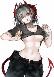  +_+ 1girl :p akasabi arknights black_pants black_shirt breasts cleavage closed_mouth clothes_lift collarbone cowboy_shot demon_horns demon_tail grey_hair hair_between_eyes highres horns large_breasts lifted_by_self looking_at_viewer medium_hair nail_polish navel pants red_eyes red_nails shirt shirt_lift sidelocks simple_background smile solo stomach tail tongue tongue_out w_(arknights) white_background  rating:Sensitive score:11 user:danbooru