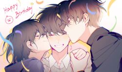  3boys absurdres bishounen black_hair black_shirt blue_hoodie blush boy_sandwich brown_sweater character_request clenched_hand closed_eyes closed_mouth collared_shirt confetti gradient_background grin happy_birthday highres holding_hands hood hood_down hoodie kiss kissing_cheek long_sleeves male_focus multiple_boys omniscient_reader&#039;s_viewpoint orange_background polka_dot polka_dot_background polygamy sandwiched shirt short_hair smile sweater turtleneck turtleneck_shirt upper_body white_background white_shirt xiluo0207 yaoi 