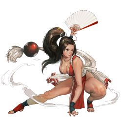  1girl barefoot breasts fatal_fury fighting_stance fingerless_gloves gloves hand_fan high_ponytail japanese_clothes kimono large_belt large_breasts long_hair ninja no_bra no_panties pelvic_curtain ponytail revealing_clothes rope sash shiranui_mai short_kimono sleeveless sleeveless_kimono smile solo tahra the_king_of_fighters thighs toeless_legwear  rating:Sensitive score:32 user:danbooru