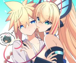  1boy 1girl :3 antenna_hair azure_striker_gunvolt bare_shoulders black_sleeves blonde_hair blue_eyes braid braided_ponytail breasts butterfly_hair_ornament cat cleavage commentary_request detached_sleeves gunvolt hair_between_eyes hair_ornament high_ponytail highres jewelry large_breasts licking licking_another&#039;s_face lololotton long_hair lumen_(gunvolt) multicolored_hair necklace pink_hair shirt spiked_hair suspenders sweat thought_bubble two-tone_hair upper_body white_shirt 