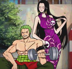  1boy 1girl anger_vein blush boa_hancock breasts clenched_teeth closed_eyes closed_mouth dress earrings green_hair hair_flip highres holding japanese_clothes jewelry kimono kuja_pirates_jolly_roger large_breasts long_hair muscular muscular_male nipples one_piece pectorals purple_dress rocckart roronoa_zoro snake_earrings teeth training very_long_hair weights 