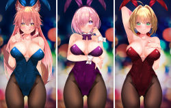 3girls absurdres ahoge animal_ear_fluff animal_ears arm_behind_head arm_under_breasts arm_up armpits bare_shoulders black_leotard blonde_hair blush bow bowtie braid breasts brown_legwear cleavage collarbone covered_navel detached_collar fake_animal_ears fate/extra fate/grand_order fate_(series) fishnet_pantyhose fishnets fox_ears fox_girl fox_tail french_braid green_eyes hair_between_eyes hair_bun hair_intakes hair_over_one_eye hand_on_own_chest hand_to_own_mouth highleg highleg_leotard highres large_breasts leotard light_purple_hair long_hair looking_at_viewer mash_kyrielight multiple_girls nero_claudius_(fate) nero_claudius_(fate)_(all) nero_claudius_(fate/extra) pantyhose pink_hair playboy_bunny purple_eyes purple_leotard rabbit_ears red_leotard sabi_(rupf2384) short_hair single_hair_bun smile strapless strapless_leotard tail tamamo_(fate) tamamo_no_mae_(fate/extra) thighs tongue very_long_hair wide_hips wrist_cuffs yellow_eyes rating:Sensitive score:36 user:danbooru