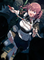  1girl alternate_costume apron black_dress black_ribbon blood blood_on_clothes blood_on_face blush breasts brown_hair cevio chain-link_fence commentary_request dent dress dutch_angle enmaided feet_out_of_frame fence hair_ribbon hands_up hitogome holding holding_weapon large_breasts lead_pipe maid mole mole_under_eye natsuki_karin neck_ribbon open_mouth puffy_short_sleeves puffy_sleeves purple_eyes ribbon shirt short_dress short_sleeves smile solo_focus standing surrounded synthesizer_v tearing_up thighhighs twintails underbust v-shaped_eyebrows waist_apron weapon white_apron white_shirt white_thighhighs wrist_cuffs zombie 