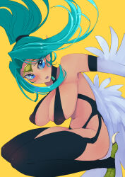  1girl absurdres bare_shoulders black_thighhighs blue_eyes blush breasts circlet cleavage commentary_request covered_erect_nipples duel_monster feathered_wings feathers green_hair harpie_queen harpy highres huge_nipples large_breasts long_hair looking_at_viewer monster_girl navel open_mouth pointy_ears ponytail revealing_clothes ryou_(cagw5223) simple_background solo stirrup_legwear talons thighhighs toeless_legwear white_feathers white_wings winged_arms wings yellow_background yu-gi-oh! 