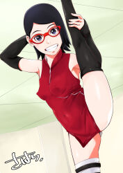  1girl armpits ass bare_shoulders black_hair blue_eyes boruto:_naruto_next_generations breasts covered_erect_nipples elbow_gloves female_focus glasses gloves grin japanese_text leg_up looking_at_viewer naruto_(series) red-framed_eyewear short_hair small_breasts smile source_request sunahara_wataru teeth text_focus translation_request uchiha_sarada 