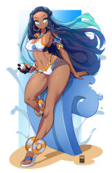  1girl artist_name bayeuxman belly_chain blue_eyes blue_eyeshadow blue_hair breasts commentary creatures_(company) crop_top curvy dark-skinned_female dark_skin earrings english_commentary eyeshadow full_body game_freak highres hoop_earrings jewelry large_breasts leaning_on_object looking_at_viewer makeup multicolored_hair navel nessa_(pokemon) nintendo pokemon pokemon_swsh shiny_skin solo standing thighs two-tone_hair variant_set wide_hips  rating:Sensitive score:13 user:danbooru