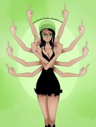  1girl dress dressrosa extra_arms hana_hana_no_mi highres looking_at_viewer middle_finger nico_robin one_piece smile  rating:Sensitive score:28 user:rtge