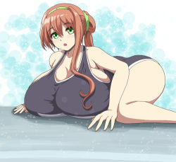 1girl ass black_one-piece_swimsuit blush breasts brown_hair btk female_focus gigantic_breasts green_eyes hair_ornament hair_ribbon kneeling long_hair looking_at_viewer one-piece_swimsuit original plump ponytail ribbon school_swimsuit solo swimsuit thick_thighs thighs rating:Sensitive score:64 user:Xander