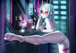 1girl anus aqua_hair artificial_eye ass back_tattoo barefoot blush breasts colored_sclera colored_skin commentary completely_nude cyberpunk_(series) cyberpunk_edgerunners feet female_focus from_behind highres kairunoburogu kneepits leg_tattoo leg_up loli long_hair looking_at_viewer mechanical_eye nipples nude parted_bangs parted_lips petite pussy rebecca_(cyberpunk) red_pupils red_sclera small_breasts smile soles solo straight_hair tattoo thick_eyebrows toes uncensored white_skin yellow_eyes rating:Explicit score:815 user:danbooru