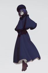  1girl black_eyes black_hair blue_dress blue_eyes boots breasts brown_footwear capelet commentary dress full_body grey_background highres kuonji_alice long_sleeves looking_at_viewer mahou_tsukai_no_yoru own_hands_together short_hair simple_background small_breasts solo standing timbougami  rating:Sensitive score:6 user:danbooru