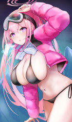 1girl :o absurdres arm_up bikini black_bikini blue_archive blush breasts breath cleavage down_jacket eimi_(blue_archive) eimi_(swimsuit)_(blue_archive) glacier goggles goggles_on_head halo highres jacket kie_(yospcd) large_breasts long_hair looking_at_viewer navel off_shoulder official_alternate_costume open_clothes open_jacket out-of-season_outfit outdoors pink_eyes pink_hair pink_jacket ponytail side-tie_bikini_bottom ski_goggles skindentation solo stomach swimsuit very_long_hair winter_out-of-season_outfit 