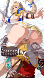  1boy 1girl ahoge armor armored_dress ass belt blonde_hair blue_eyes boots braid breasts commission dress greaves highres hip_attack holding holding_sword holding_weapon large_breasts laurel_crown long_hair open_mouth panties pantyshot pauldrons pixiv_commission saliva scissorhold shoulder_armor shoulder_pads sideboob single_braid sitting sitting_on_face sitting_on_person sophitia_alexandra soul_calibur sword thigh_boots underwear weapon white_background yagi2013 