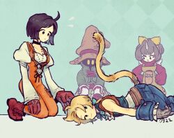  2boys 2girls ahoge aqua_ribbon aqua_vest black_choker black_hair black_mage_(final_fantasy) blonde_hair blue_coat blue_pants bodysuit boots bow breasts brown_eyes choker coat cropped_vest eiko_carol final_fantasy final_fantasy_ix full_body garnet_til_alexandros_xvii gloves grey_gloves hair_bow hands_on_own_hips hat horns jewelry juliet_sleeves kneeling long_sleeves looking_at_another low_ponytail lying medium_breasts mini_wings monkey_tail multiple_boys multiple_girls neck_ribbon nobu_(25mark) on_stomach orange_bodysuit pants parted_bangs pendant puffy_long_sleeves puffy_sleeves purple_hair red_footwear red_gloves red_sweater ribbon shirt short_hair single_horn sweater tail vest vivi_ornitier white_shirt wings wizard_hat wrist_cuffs yellow_bow yellow_eyes yellow_overalls zidane_tribal 