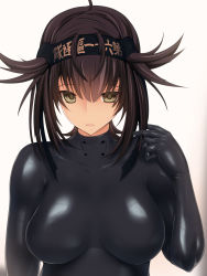  10s 1girl ahoge bad_id bad_pixiv_id black_bodysuit black_gloves bodysuit breasts brown_eyes brown_hair clothes_writing gloves hachimaki hair_flaps hairband hatsuzuki_(kancolle) headband highres kantai_collection large_breasts latex looking_at_viewer open_mouth short_hair skin_tight solo totoya totoya_(paxa_600) upper_body 
