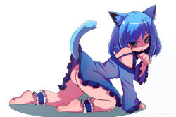  1girl all_fours animal_ears ass blue_hair cat_ears cat_girl no_panties novcel paw_pose tail upskirt  rating:Questionable score:48 user:withthefur