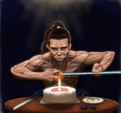  1boy birthday_cake butterface cake candle fire food fork holding holding_weapon japanese_clothes katana male_focus muscular ponytail samurai shigurui topless_male sitting sword table weapon 