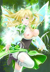  10s 1girl blonde_hair braid breasts breasts_out corset day elf green_eyes hair_between_eyes hair_ribbon kawarajima_kou large_breasts leafa long_hair nipples open_mouth outdoors pointy_ears ponytail ribbon short_shorts shorts solo standing standing_on_one_leg sword_art_online thighhighs tongue white_thighhighs  rating:Questionable score:30 user:xen84