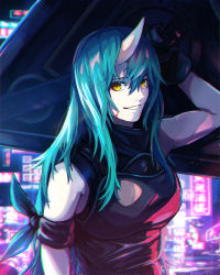  1girl :d aqua_hair arknights armor backlighting bangs breastplate breasts grin hannya highres holding holding_shield horns hoshiguma_(arknights) large_breasts long_hair looking_at_viewer neon_lights night oni_horns open_mouth outdoors parted_lips peppsi_(saba_sabasuk0) shield single_horn skin-covered_horns sleeveless smile solo upper_body yellow_eyes 