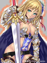  1girl armor belt belt_skirt black_thighhighs blonde_hair boots breasts cape cleavage copyright_name gauntlets greaves green_eyes houtengeki junketsu_duelion large_breasts loincloth long_hair no_panties official_art ribbon rozarina_junkers smile solo sword thigh_boots thighhighs warrior weapon  rating:Sensitive score:53 user:danbooru