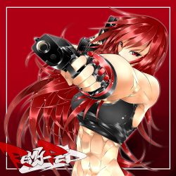 1girl abs aiming aiming_at_viewer biceps borrowed_character breasts cai-man dual_wielding gun handgun highres holding large_breasts long_hair midriff muscular muscular_female original pistol red_eyes remy-red solo tank_top weapon rating:Sensitive score:10 user:danbooru