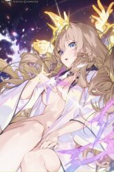  1girl blue_eyes bottomless breasts crown_(naked_king)_(nikke) crown_(nikke) diadem disembodied_hand goddess_of_victory:_nikke medium_breasts monosucre navel solo unbuttoned 
