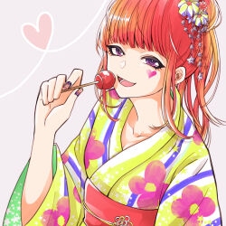  1girl blunt_bangs candy continentalred2008 earrings food gnosia hair_bun heart heart_earrings heart_tattoo high_ponytail highres holding holding_candy holding_food holding_lollipop japanese_clothes jewelry kimono lollipop long_hair long_sleeves looking_at_viewer nail_polish red_hair single_hair_bun smile solo sq_(gnosia) tattoo upper_body 