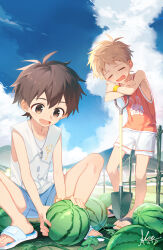  2boys blonde_hair blue_shorts blue_sky brown_eyes brown_hair child closed_eyes cloud cloudy_sky day flip-flops food fruit highres koe_(mixpi) male_focus multiple_boys open_mouth orange_tank_top original outdoors sandals short_hair shorts shovel sky smile squatting tank_top very_short_hair watermelon white_shorts white_tank_top 