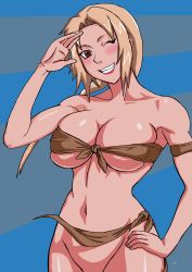  1girl absurdres armband blonde_hair blush breasts brown_eyes cowboy_shot grin hand_on_own_hip highres large_breasts loincloth long_hair looking_at_viewer mature_female naruho naruto naruto_(series) navel no_panties one_eye_closed out-of-frame_censoring smile solo standing tsunade_(naruto) underboob vector_trace wink  rating:Questionable score:81 user:wattsx