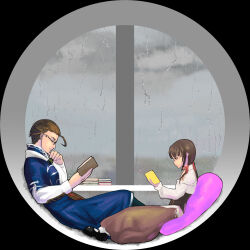  1boy 1girl absurdres ahoge arukapakapakapa black_border blue_robe book book_stack border character_request comfy foras_(megido72) glasses glowing_pillow highres megido72 purple_light purple_pillow rain reading robe round_window sidelocks sitting_in_window sitting_on_pillow size_difference tri_tails white_sleeves window 