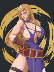 1girl absurdres agrothewanderer blonde_hair breasts cleavage covered_erect_nipples covered_navel fatal_fury garou:_mark_of_the_wolves hand_on_own_hip highres jenet_behrn large_breasts legs no_bra smile solo the_king_of_fighters the_king_of_fighters_xv thick_thighs thighs toned  rating:Questionable score:3 user:jojosstand
