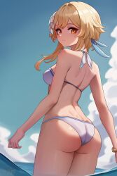  1girl absurdres ass back bare_shoulders bikini blonde_hair blue_sky breasts commentary english_commentary flower genshin_impact hair_flower hair_ornament highres looking_at_viewer looking_back lumine_(genshin_impact) medium_breasts short_hair_with_long_locks sidelocks sky smile swimsuit unstableboiler yellow_eyes  rating:Sensitive score:18 user:danbooru