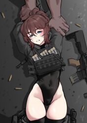  1boy 1girl absurdres assault_rifle bandaid bandaid_on_face black_leotard black_thighhighs blue_eyes blush brown_hair clenched_teeth clothes_pull concrete covered_navel dark-skinned_male dark_skin gloves gluteal_fold grey_gloves grey_hoodie groin gun hair_between_eyes high_ponytail highres hood hoodie k0ng leotard leotard_under_clothes load_bearing_vest loner-chan_(k0ng) lying medium_hair on_back on_floor original pants pants_pull restrained rifle shell_casing sidelocks sweatdrop teeth thick_eyebrows thighhighs thong_leotard v-shaped_eyebrows weapon 