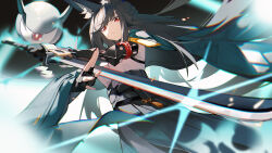  1girl 1other absurdres animal_ear_fluff animal_ears aqua_jacket arm_strap black_skirt braid breasts chinese_commentary chromatic_aberration commentary_request eyeliner fingerless_gloves fox_ears fox_girl from_below glint gloves half_updo high-waist_skirt highres holding holding_sword holding_weapon hoshimi_miyabi jacket katachi_noboru_nishikino large_breasts long_hair long_skirt looking_at_viewer makeup mechanical_arms mechanical_hands open_clothes open_jacket parted_lips red_eyeliner red_eyes red_rope rope shirt sidelocks single_fingerless_glove single_mechanical_arm single_mechanical_hand skirt sword very_long_hair weapon white_shirt zenless_zone_zero 