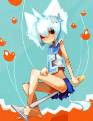  1girl ahoge animal_ears aqua_hair barefoot bird cat_ears cat_girl cat_tail fail_whale feet female_focus hair_ornament hairclip oversized_object personification red_eyes screwdriver solo tail twit-tan twitter usu 