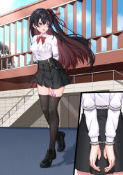  1girl absurdres bdsm black_hair black_skirt bound bound_arms bound_wrists breasts brown_eyes brown_hair chain colored_inner_hair cuffs elbow_cuffs handcuffs highres indie_virtual_youtuber kenen_tanabata loafers long_hair medium_breasts multicolored_hair outdoors projected_inset sex_toy shirt shoes side_ponytail skirt solo thighhighs two-tone_hair vibrator vibrator_in_thighhighs walking white_shirt 