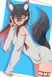  1girl :d \m/ animal_ear_fluff black_hair blue_background blush border carmine_(pokemon) colored_inner_hair commentary_request creatures_(company) crossed_bangs eyelashes game_freak grey_shirt grid_background hair_between_eyes hasu_175 highres kemonomimi_mode leaning_forward looking_at_viewer mole mole_under_eye multicolored_hair nintendo open_mouth outside_border pokemon pokemon_sv red_hair shirt simple_background sleeves_past_wrists smile solo sweat tail two-tone_hair white_border yellow_eyes 