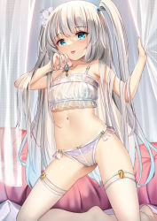 1girl blue_eyes bra flat_chest flower gluteal_fold hair_flower hair_ornament highres indoors kneeling long_hair nail_polish navel original pillow pink_nails solo stomach thighhighs thighs tongue tongue_out twintails underwear underwear_only very_long_hair white_bra white_flower white_hair white_thighhighs yan_(nicknikg) rating:Sensitive score:115 user:danbooru