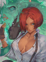 1girl blue_eyes brazil breasts brown_gloves cleavage cutesexyrobutts dark-skinned_female dark_skin fingerless_gloves giovanna_(guilty_gear) gloves guilty_gear guilty_gear_strive highres lips medium_breasts open_mouth parted_lips red_hair shirt short_hair white_shirt wolf rating:Sensitive score:129 user:danbooru