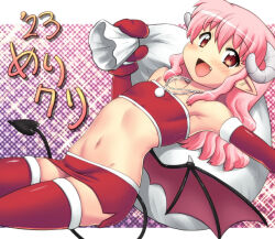  1girl :d armpits blush christmas demon_girl demon_horns demon_tail demon_wings dutch_angle elbow_gloves fang flat_chest gloves hase_yu horns jewelry long_hair low_wings miniskirt mittens navel necklace open_mouth original outside_border pink_hair plaid plaid_background pointy_ears red_skirt red_thighhighs sack sidelocks skirt smile solo strapless tail thighhighs tube_top wavy_hair wings zettai_ryouiki 