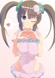  1girl armlet bad_id bad_pixiv_id blue_eyes blue_frills blush breasts brown_hair closed_mouth collarbone coral covered_navel facing_viewer flower frilled_swimsuit frills gradient_background hair_between_eyes hair_flower hair_ornament hands_up heart heart_hands heart_necklace jewelry large_breasts long_hair looking_at_viewer minori_(senran_kagura) necklace one-piece_swimsuit one_eye_closed pink_background pink_frills pink_one-piece_swimsuit ring_hair_ornament senran_kagura shiny_skin sideboob sidelocks smile solo spoken_heart star_(symbol) star_print starfish swimsuit swimsuit_skirt tottotonero twintails upper_body white_background  rating:Sensitive score:96 user:danbooru