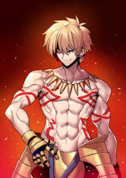 &gt;:) 1boy armor biceps blonde_hair body_markings collar collarbone earrings fate/grand_order fate/hollow_ataraxia fate_(series) faulds gilgamesh_(fate) gloves glowing glowing_eye jewelry looking_at_viewer male_focus muscular muscular_male pectorals red_background red_eyes simple_background solo tagme tattoo topless_male tukiwani rating:Sensitive score:11 user:danbooru