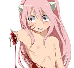  00s 1girl amputee blood blood_in_hair blood_on_face breasts elfen_lied flat_chest frown guro hentai_(1985) horns loli long_hair mariko_(elfen_lied) nipples nude pink_eyes pink_hair simple_background solo tears white_background 