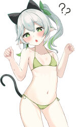  1girl ? ?? absurdres animal_ears arms_up bikini blush breasts cat_ears fake_animal_ears fake_tail female_focus genshin_impact gradient_hair green_bikini green_eyes green_hair groin highres leaf loli long_hair looking_at_viewer micro_bikini multicolored_hair nahida_(genshin_impact) navel open_mouth paw_pose pointy_ears side-tie_bikini_bottom side_ponytail simple_background small_breasts solo standing sweat swimsuit tail thighs two-tone_hair white_hair youyoukai  rating:Sensitive score:174 user:danbooru