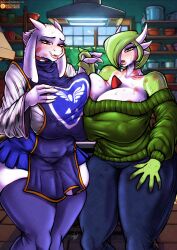  2girls absurdres animal_ears bluewolfartista blush bob_cut breasts clothed_pokemon colored_skin commission creatures_(company) crossover deltarune fangs furry furry_female game_freak gardevoir gen_3_pokemon goat goat_ears goat_girl goat_horns green_hair green_skin green_sweater hair_over_one_eye heart highres holding_hands horns huge_breasts large_breasts lipstick_mark looking_at_viewer multicolored_skin multiple_girls nintendo one_eye_covered open_mouth pokemon pokemon_(creature) red_eyes shirt short_hair skin_fangs smile sweater toriel two-tone_skin undertale white_fur white_skin 