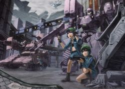  3girls aircraft armored_core armored_core:_for_answer armored_core_5 backpack bad_id bad_pixiv_id bag black_legwear blue_eyes blue_hair boots building cannon caution_tape crossover fence fingerless_gloves from_software gloves gun hand_on_headphones hat helicopter highres holding kappa_mob_(touhou) kawashiro_nitori keep_out kurione_(zassou) mecha multiple_girls perspective rifle road robot running science_fiction sitting skyscraper spacecraft spirit_of_motherwill street thighhighs touhou twintails two_side_up weapon 