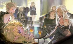  2boys 4girls alcohol arm_tattoo bags_under_eyes black_dress blonde_hair blue_eyes choker cithis closed_eyes couch dark-skinned_female dark_elf dark_skin dress dungeon_meshi elf facial_mark fleki forehead_mark grey_hair hair_around_ear highres jacket jacket_on_shoulders jewelry lccc long_hair long_sleeves looking_at_viewer low_twintails lycion medium_hair mithrun multiple_boys multiple_girls no_shirt notched_ear on_couch open_clothes open_jacket otta_(dungeon_meshi) pattadol pointy_ears purple_eyes shirt short_hair shorts sitting sleeveless sleeveless_turtleneck smile strapless strapless_dress table tattoo turtleneck twintails very_short_hair yellow_eyes 