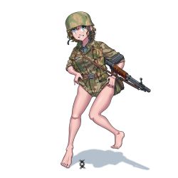 1girl :d ammunition_pouch barefoot battle_rifle blonde_hair blue_eyes camouflage camouflage_jacket camouflage_shorts clothes_pull collared_jacket combat_helmet fg_42 full_moon german_army germany grin gun gun_sling helmet highres jacket looking_at_viewer military military_jacket military_uniform moon open_mouth original ostwindprojekt paratrooper pouch rifle shadow short_hair shorts shorts_pull simple_background sleeves_rolled_up smile solo teeth toes uniform weapon white_background world_war_ii
