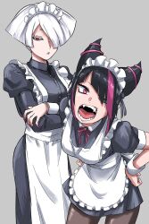  2girls a.k.i._(street_fighter) apron black_hair blunt_bangs crossed_arms crying fangs hair_horns hair_over_one_eye han_juri hands_in_pockets ilo_a5 leaning_forward maid maid_apron maid_headdress multicolored_hair multiple_girls open_mouth short_hair streaming_tears street_fighter street_fighter_6 tears white_hair  rating:General score:3 user:YewGeneolgia