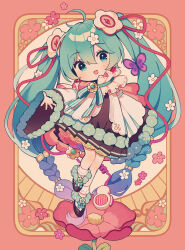  1girl absurdly_long_hair absurdres amagi_hana blue_eyes blue_hair braid bug butterfly dress flower full_body gradient_hair hair_flower hair_ornament hatsune_miku highres insect long_hair long_sleeves looking_at_viewer low-braided_long_hair low-tied_long_hair magical_mirai_miku magical_mirai_miku_(2021) multicolored_hair open_mouth reaching reaching_towards_viewer rose smile socks solo standing standing_on_one_leg twintails very_long_hair vocaloid 